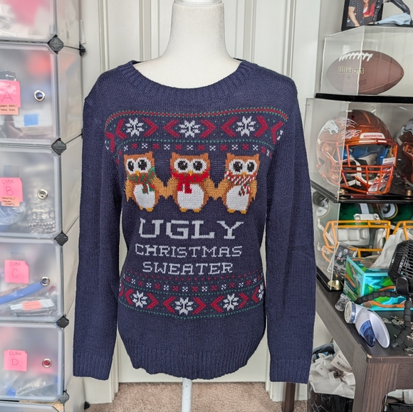Belle Du Jour Navy Blue Ugly Christmas Owl Snowflake Sweater Size Medium - Picture 2 of 9